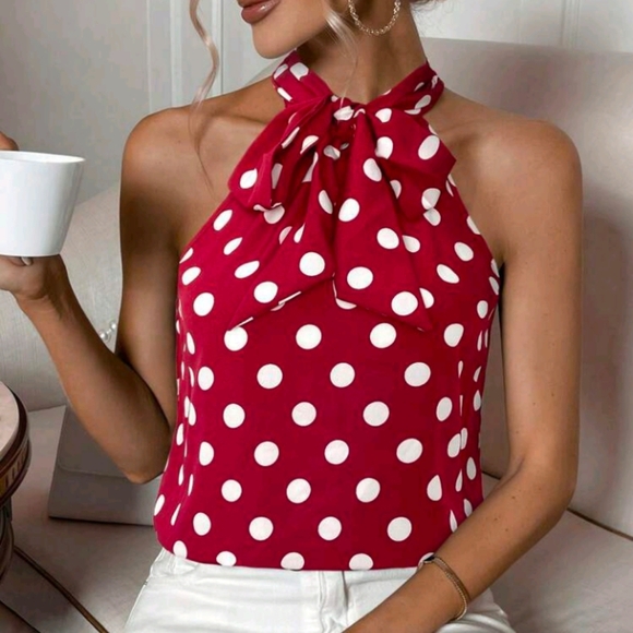 Privé Women's Elegant Office Commute Polka Dot Print Halter Shirt - Picture 1 of 5